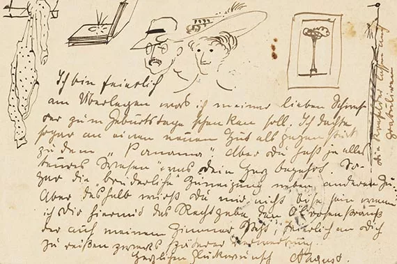 August Macke — Eigh. Postkarte mit kl. Zeichnungen