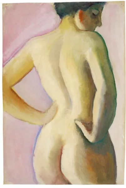 August Macke — Weiblicher Akt von rückwärts auf rosa Grund