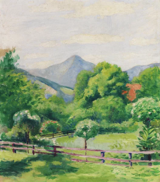 August Macke — Garten in Tegernsee mit Haus und Berg