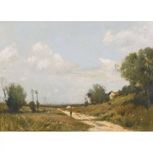 August Speck — Sommerlandschaft mit Spaziergänger auf Feldweg.