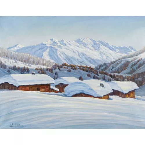 August Weber — Verschneite Berglandschaft mit einem Dorf.