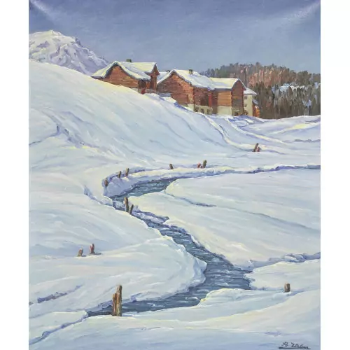 Verschneite Bachlandschaft mit Bauernhäusern