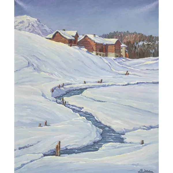 Verschneite Bachlandschaft mit Bauernhäusern