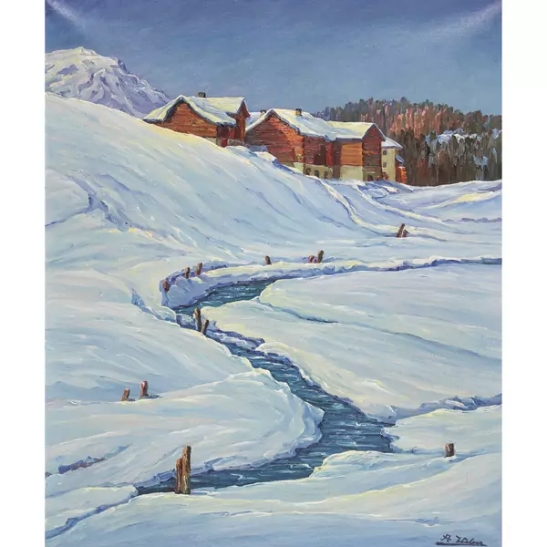 Verschneite Bachlandschaft mit Bauernhäusern