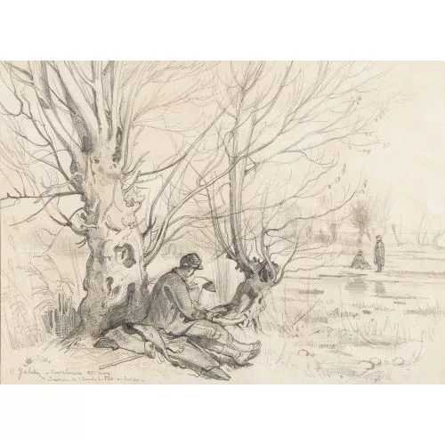 Auguste Bachelin — Ruhender Soldat in baumbestandener Landschaft.