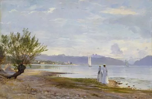 AUGUSTE BACHELIN — Promeneuses sur la plage de Vidy avec vue au loin sur le château d'Ouchy. Um 1855. — Koller Auktionen