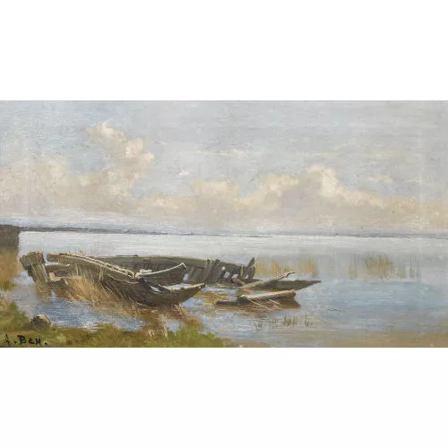 Auguste Bachelin — "Barques échouées au Lac de Neuchâtel".