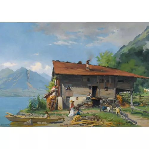 Sonniges Seeufer mit Bauernhaus und Staffage