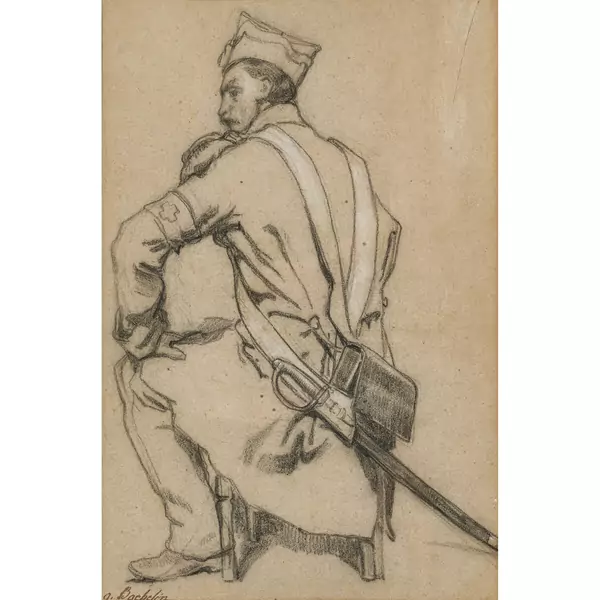 Sitzender Armeeangehöriger mit Armbinde