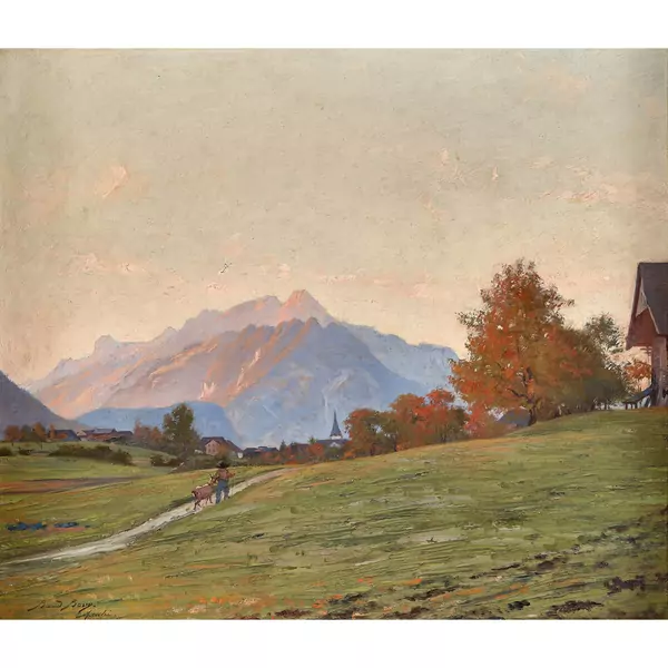 Abendliche Landschaft bei Aeschi mit Ziegenhirt auf dem Weg