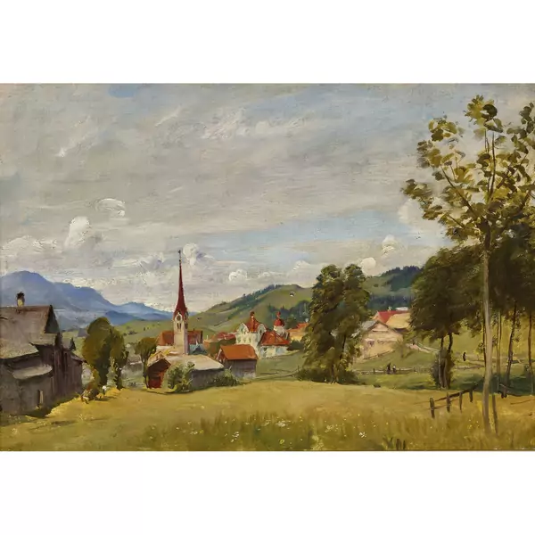Hügelige Sommerlandschaft mit einem Dorf
