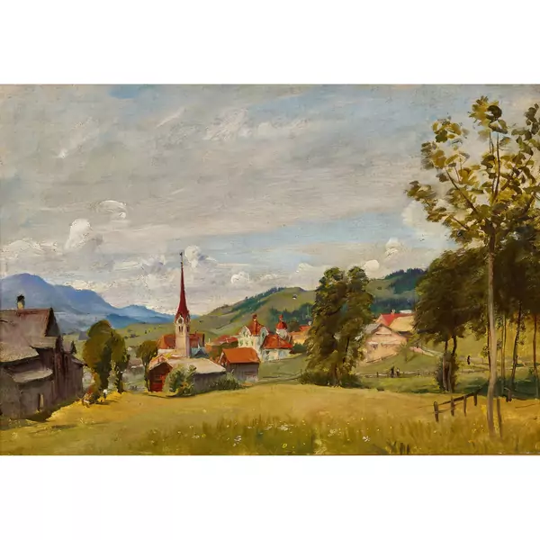 Hügelige Sommerlandschaft mit einem Dorf