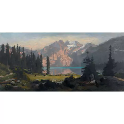 Sommerlicher Oeschinensee mit weidender Kuhherde