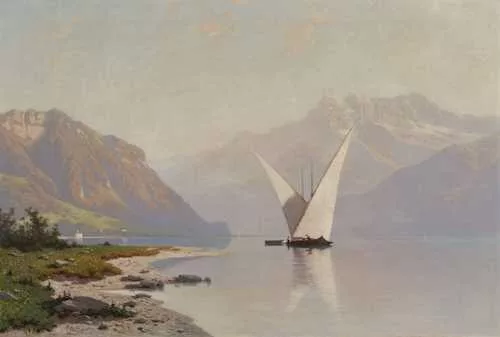 Auguste Veillon le capitaine — Voilier sur le Lac Léman avec vue sur les Dents-du-Midi. 1865.
