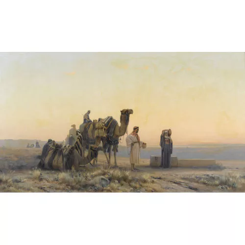 Auguste Veillon le capitaine — Abendliche Kamelrast von Beduinen bei einem Brunnen.