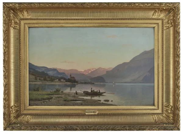 Auguste Veillon le capitaine — Barque sur le lac au soleil couchant