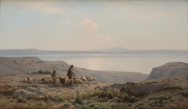 Auguste Veillon le capitaine — Berger et son troupeau devant un lac,