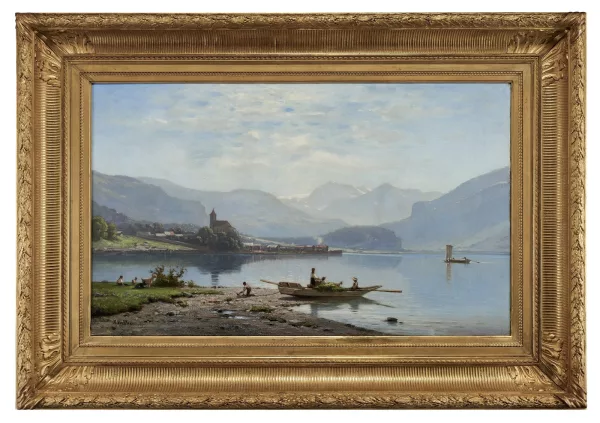 Auguste Veillon le capitaine — Barque sur le lac au soleil couchant