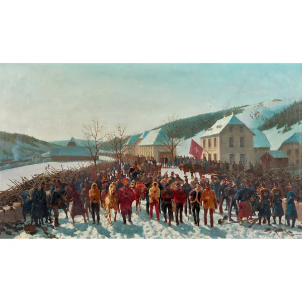 Auguste Viande — Übertritt und Entwaffnung der Bourbaki-Armee bei Les Verrières im Winter 1870/71.
