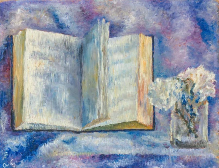 Stillleben mit Buch und weissen Alpenrosen