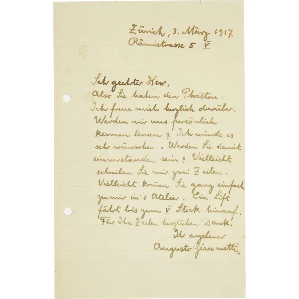 Augusto Giacometti — 7 handgeschriebene Briefe und 5 Postkarten an verschiedene Empfänger der Jahre 1917 bis 1943