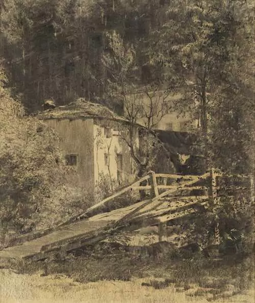 AUGUSTO GIACOMETTI — Alte Holzbrücke mit Haus im Wald. 1896. — Koller Auktionen