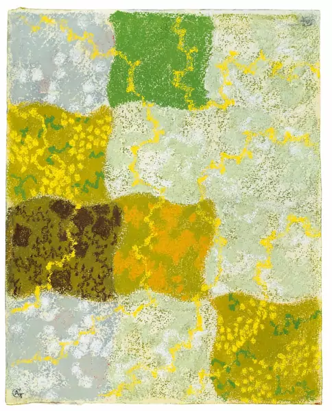 Augusto Giacometti — Abstraktion in Grau, Grün und Gelb – (Farbstudie mit 12 Feldern) – Rückseitig: Berglandschaft — Galerie Kornfeld