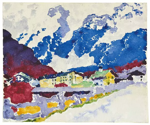 Augusto Giacometti — Blick auf Stampa und die Bergeller Berge — Galerie Kornfeld