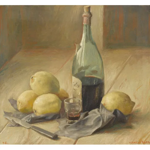 Aurèle Barraud — Stillleben mit Zitronen und Weinflasche.