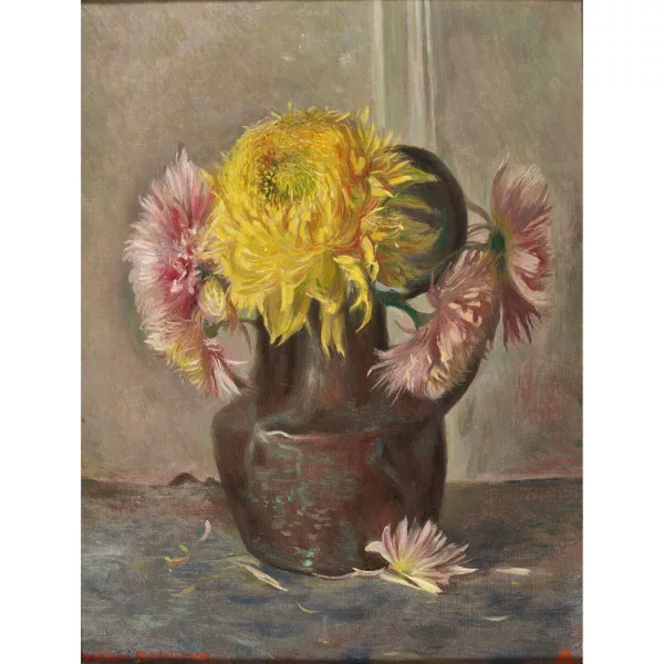 Aurèle Barraud — Stillleben mit Chrysanthemen in Kupferkanne.