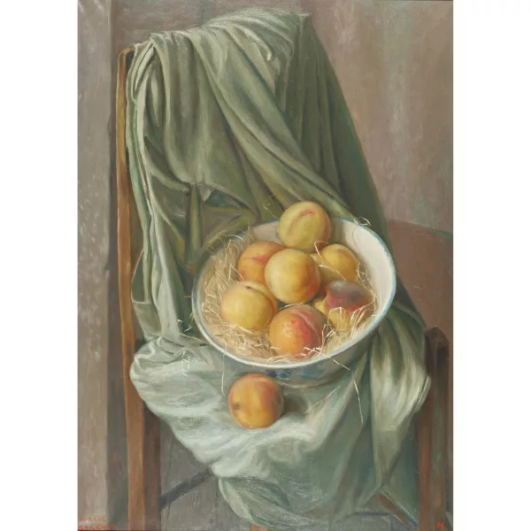 Aurèle Barraud — Stillleben mit Pfirsichschüssel und Stoff.
