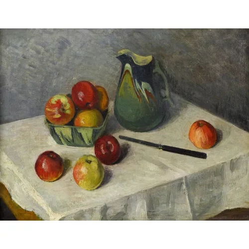 Aurèle Barraud — Stillleben mit Äpfeln, Messer und Krug.