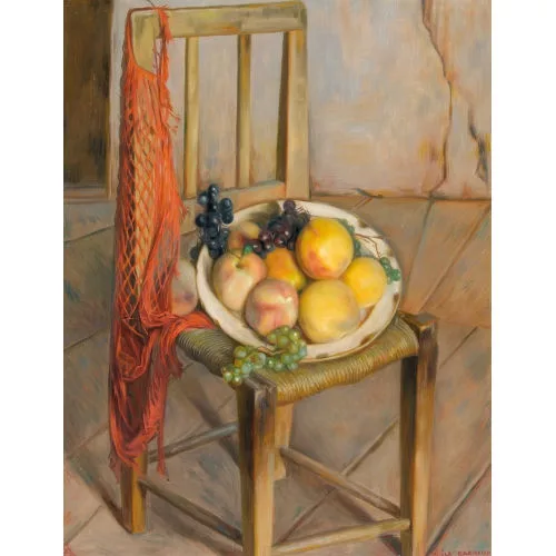 Aurèle Barraud — Stillleben mit Früchteteller auf einem Korbstuhl.