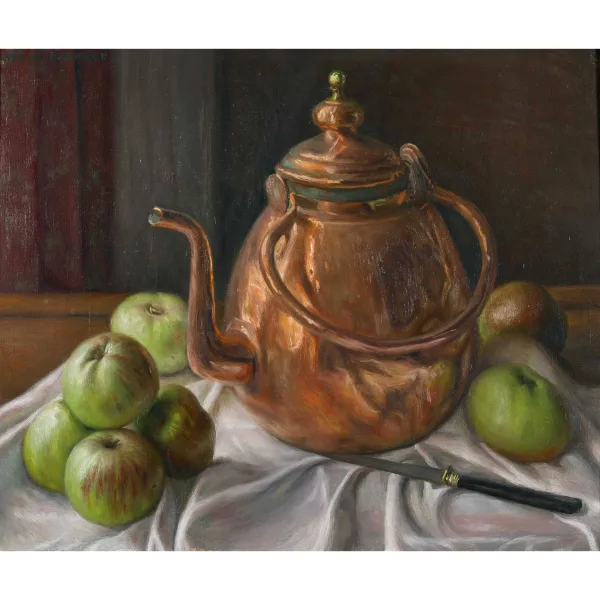 Aurèle Barraud — Stillleben mit Kupferkanne und Äpfeln.