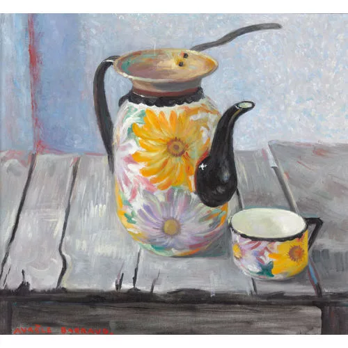 Aurèle Barraud — Stillleben mit bunt bemalter Kaffeekanne und Tasse.
