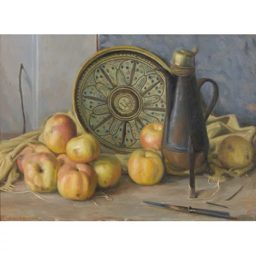 Aurèle Barraud — Stillleben mit Äpfeln, Schale und Kanne.