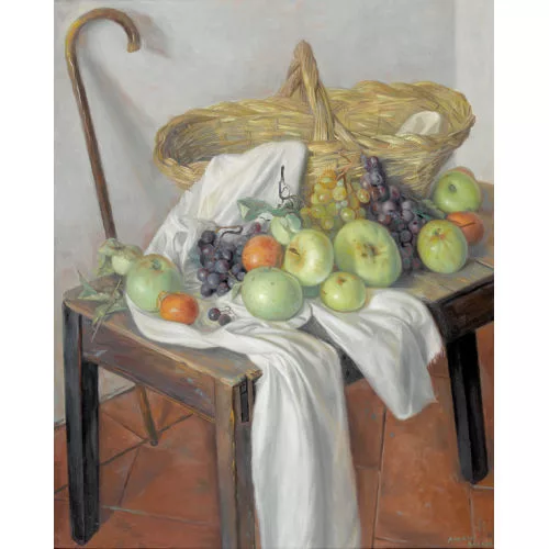 Aurèle Barraud — Stillleben mit Früchten, Weidekorb und Stock.