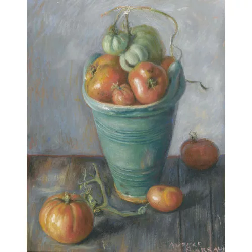 Aurèle Barraud — Stillleben mit Tomaten in grünem Topf.