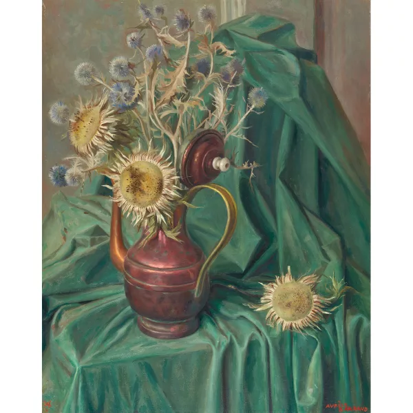Aurèle Barraud — Stillleben mit Disteln in Kupferkanne.