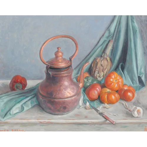 Aurèle Barraud — Stillleben mit Kupferkanne, Tomaten und Artischocke.