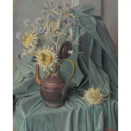 Aurèle Barraud — Stillleben mit Disteln in Kupferkanne.