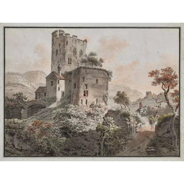 Balthasar Anton Dunker — Landschaft mit Burgruine und Reiter.