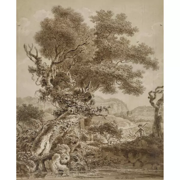Verwitterter Baum und Bauer mit Sense am Flussufer