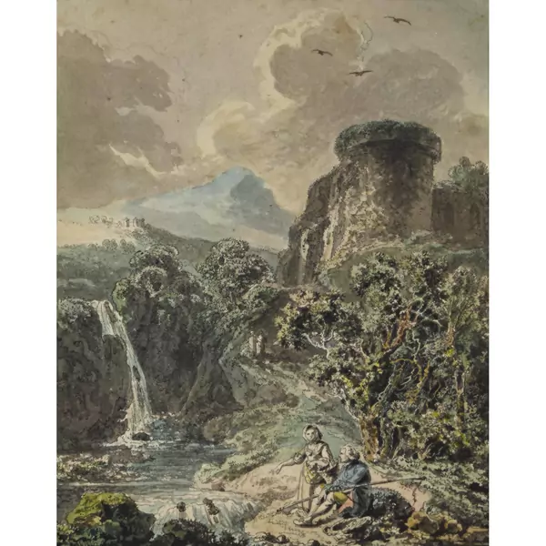 Flusslandschaft mit Paar am Ufer und Burgruine