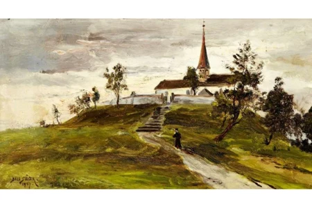 Kirchgänger vor Feldkapelle