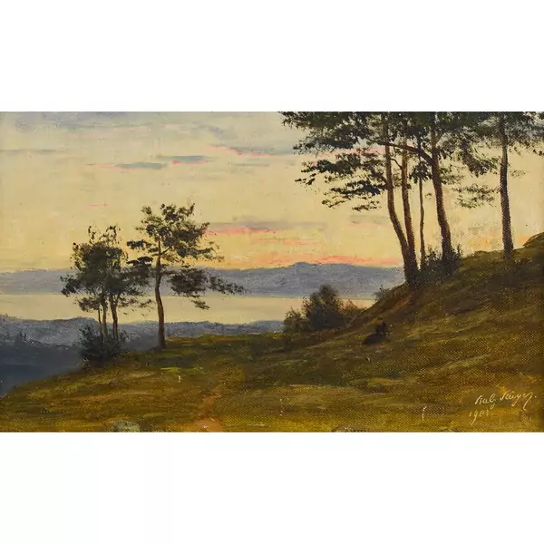 Seeufer im Abendrot mit sitzender Dame