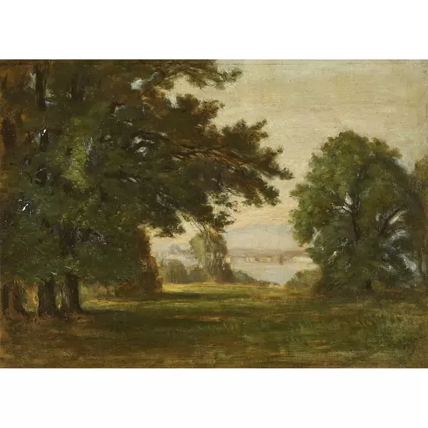 Parkpartie am Seeufer mit Blick auf die Stadt Genf
