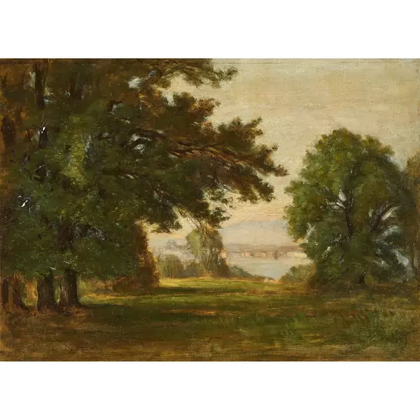 Parkpartie am Seeufer mit Blick auf die Stadt Genf