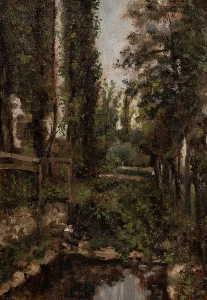 Knabe am Wasser im Schatten der Bäume