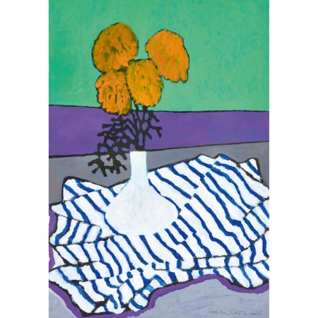 Blumenstillleben auf gestreifter Decke
